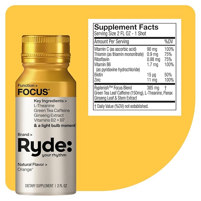Ryde: Focus Shot | Orange Flavor | L-Theanine & Ginseng | Green Tea Caffeine | Vitamins B2 & B7 | 0 Calories, 0 Sugar | 2 FL OZ Shots | Supports Focus* (8 Pack)