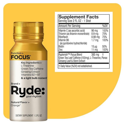 Ryde: Focus Shot | Orange Flavor | L-Theanine & Ginseng | Green Tea Caffeine | Vitamins B2 & B7 | 0 Calories, 0 Sugar | 2 FL OZ Shots | Supports Focus* (8 Pack)