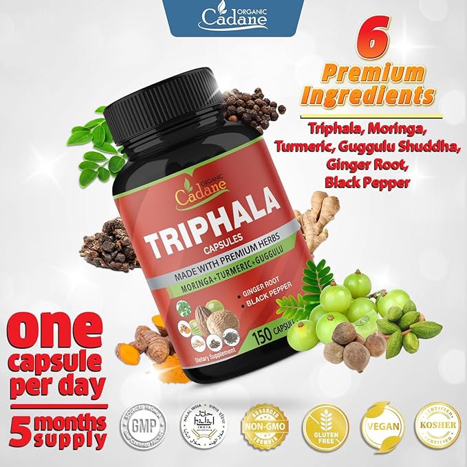 Organic Cadane Triphala Extract Capsules, 5 Months Supply with Turmeric, Guggulu, Ginger, Black Pepper, Moringa - Support Digestion Health & Immune System - 150Caps