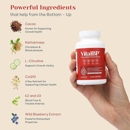 Vital BP - Support for Normal Blood Pressure - Supports Blood Flow & Arteries - with CoQ10, L-Citrulline, and K2 & D3-60 Capsules