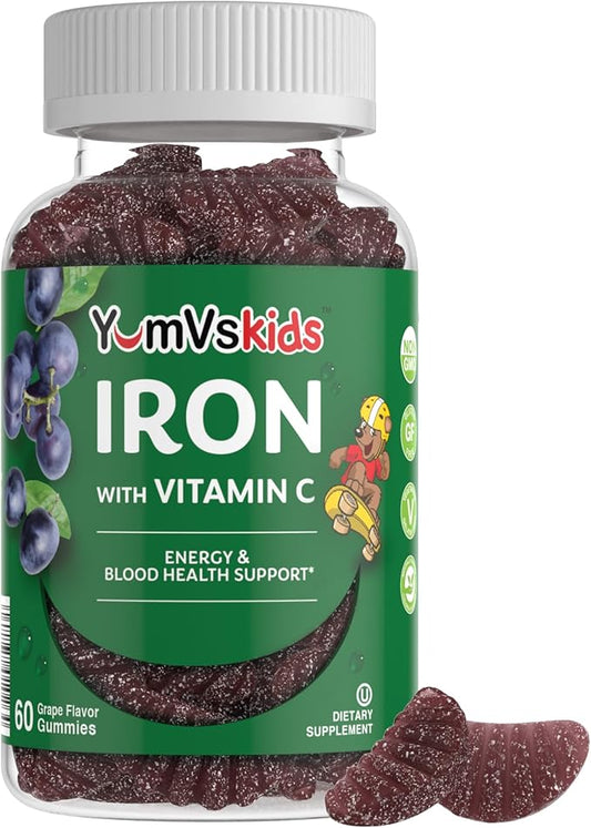 YumVs Complete Kids Iron Gummies - Kids Iron Supplement Gummies with Vitamin C - Grape Flavor, Children's Chewable Iron Supplement for Kids, Kosher Halal Gluten Free Vegetarian Iron Gummies (60 Count)