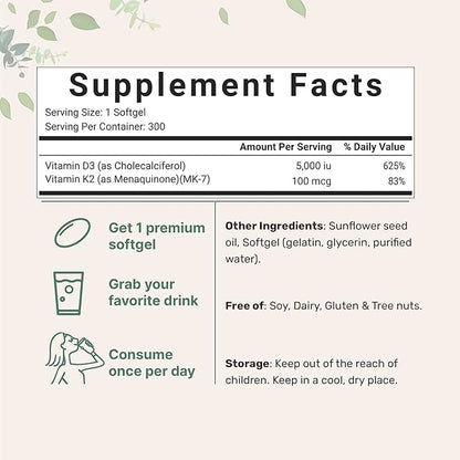 2 Pack Vitamin D3 5000IU Plus K2, 2 in 1 Formula, Vitamin D3 Liquid with Vitamin K2, 300 Soft-Gels, Immune Vitamin Complex with Virgin Sunflower Seed Oil, Support Your Heart, Teeth & Joint Health