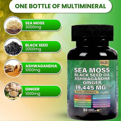 BUIE Sea Moss Capsules (Ginger) | Irish Moss with Black Seed Oil, Ashwagandha & Ginger | Seamoss Superfood for Energy, Immunity, Joint & Skin Health | Vegan, Non-GMO | 60 Capsules