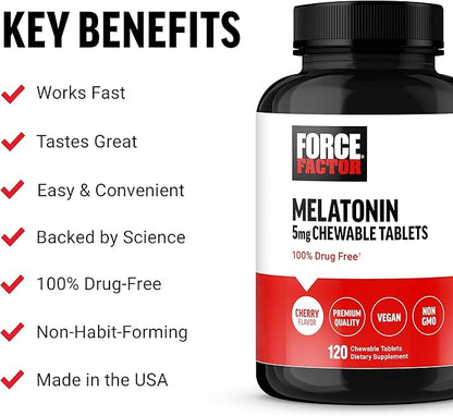 FORCE FACTOR Chewable Melatonin 5mg, Drug-Free Supplement, Vegan, Non-GMO, Cherry Flavor, 120 Tablets