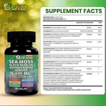 BUIE Sea Moss Capsules (Ginger) | Irish Moss with Black Seed Oil, Ashwagandha & Ginger | Seamoss Superfood for Energy, Immunity, Joint & Skin Health | Vegan, Non-GMO | 60 Capsules