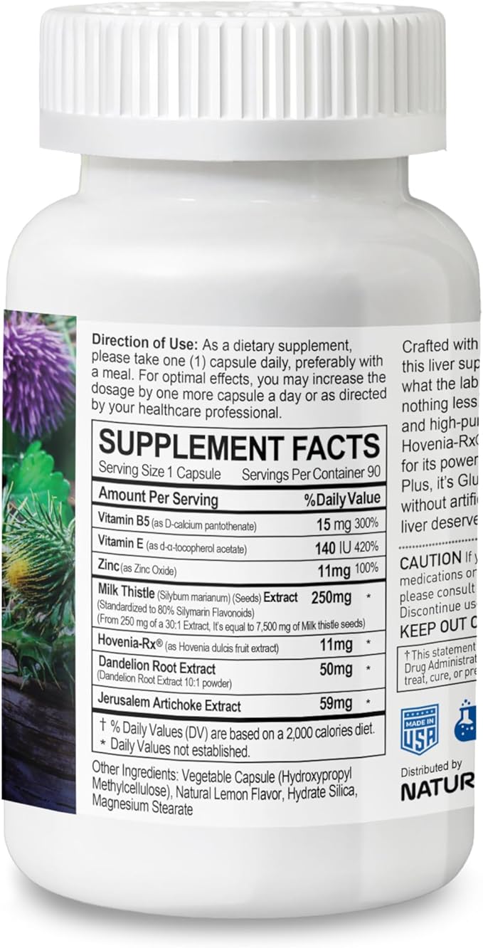 LIVER BRIGHT Milk Thistle 30:1 Extract – 7500 mg High Strength, 80% Silymarin, with Hovenia, Dandelion Root 10:1, Zinc, Vitamin B5 & E – 100% Vegetarian Formula – 90 Vegan Capsules, 90 Day Supply