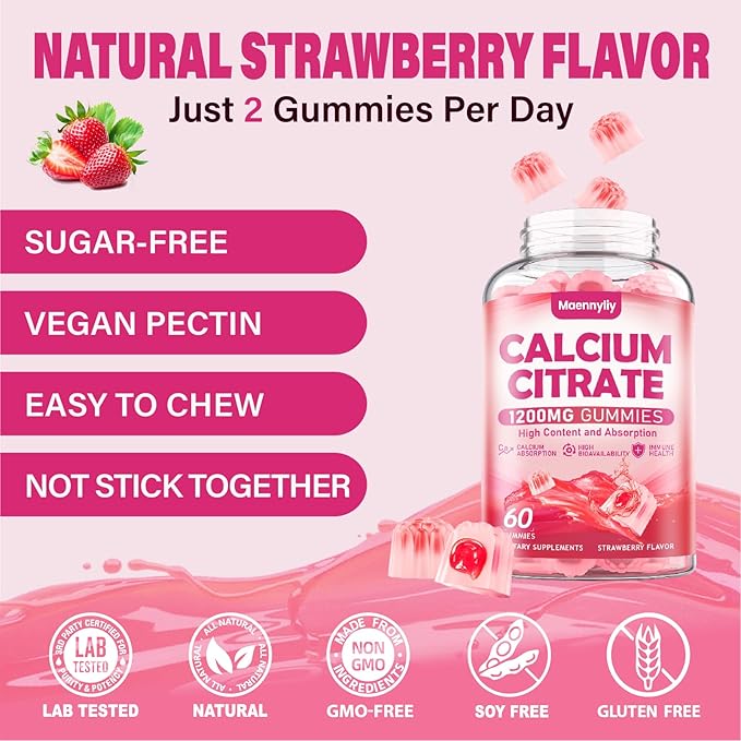 Calcium Citrate Gummies 1200 mg for Adults: Ultimate Absorption Calcium Supplement for Women & Men - Easy to Digest, Vegan, Non-GMO, Gluten Free - Natural Strawberry Flavor