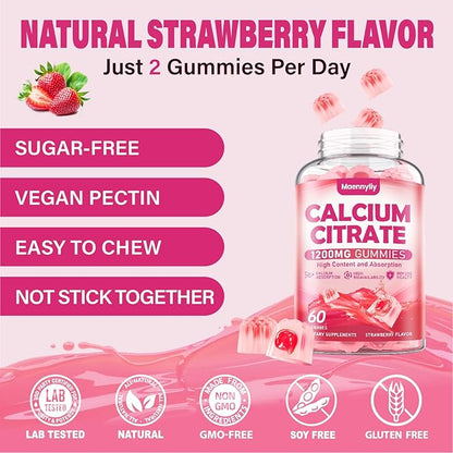 Calcium Citrate Gummies 1200 mg for Adults: Ultimate Absorption Calcium Supplement for Women & Men - Easy to Digest, Vegan, Non-GMO, Gluten Free - Natural Strawberry Flavor