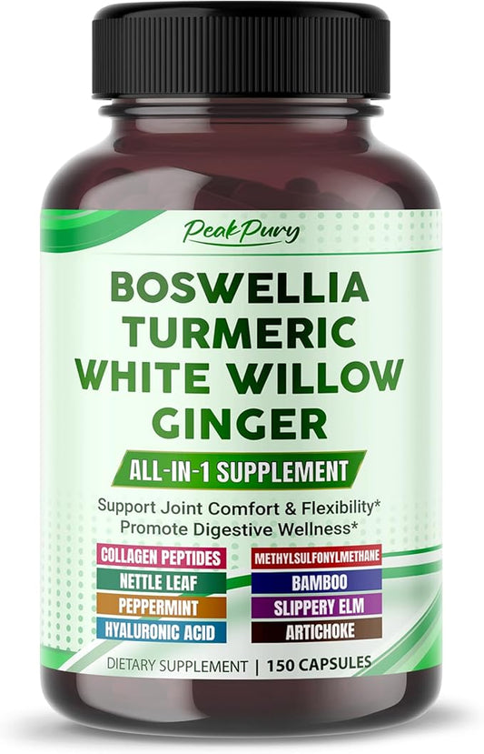 All-in-1 Boswellia, Turmeric, White Willow & Ginger Supplement – Supports Joint Comfort, Flexibility & Digestive Wellness – Made in The USA – 150 Capsules