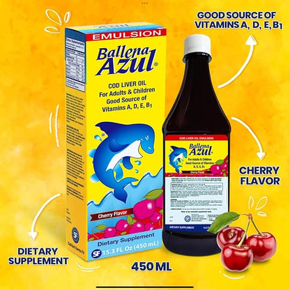 Ballena Azul Aceite de Hígado de Bacalao para Adultos y Niños, COD Liver Oil for Adults and Children,Vitamins A,D,E, B1, Dietary Supplement, Omega 3, Inmune System Boost, Cherry (Cherry 15 OZ)