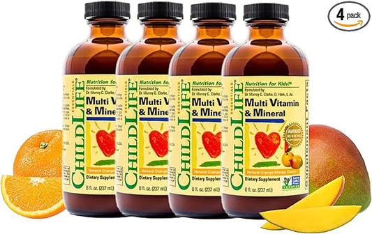 CHILDLIFE ESSENTIALS Kids Multivitamin & Mineral - Kids Vitamins, Liquid Multivitamin for Kids, Toddler Multivitamins, Liquid Vitamins, Baby Multivitamin - Natural Orange & Mango, 8 Fl Oz (Pack of 4)