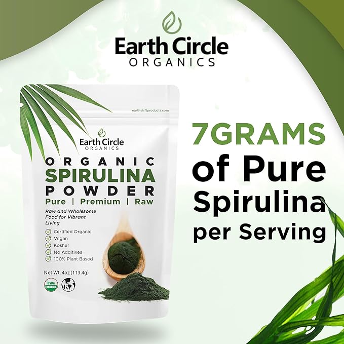 Earth Circle Organics Spirulina Powder, Kosher, Raw and Non-Irradiated | Pure Vegan Protein | Premium Superfood, High in Amino Acids and Antioxidants - 4 Ounce (3 Packs)