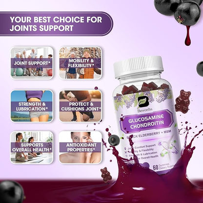 (2 Pack) Glucosamine Chondroitin Gummies, Extra Strength Joint Support Supplement with MSM & Elderberry for Mobility & Flexibility, Antioxidant Support for Men & Women, 120 Gummies