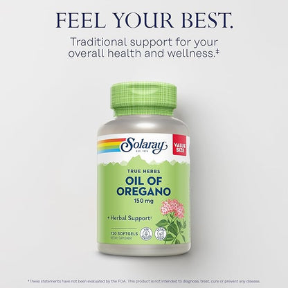 SOLARAY Oil of Oregano Softgels 150 mg - Oregano Oil Supplement for Powerful Wellness Support - Gentle Digestion - Extra Virgin Olive Oil Base - Vegan, 60-Day Guarantee - 120 Servings, 120 Softgels