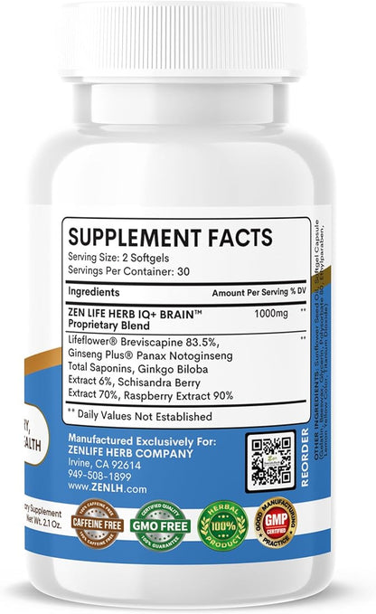 IQ+ Brain - Caffeine-Free, Clinically Tested Focus, Concentration, Memory & Energy, Natural Plant-Based Herbal Supplement, No Added Vitamins/Minerals/Mushroom/Sugar (60 Softgels)