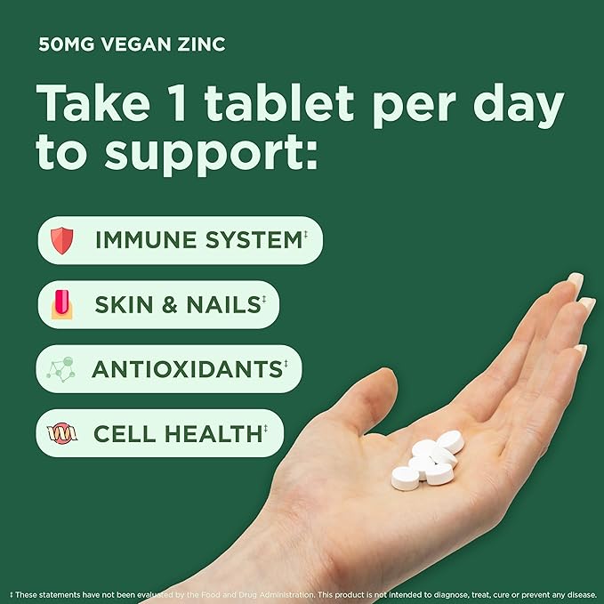 Yuve Natural Vegan Zinc Supplements 50mg, Immune Support, Fast Relief from Colds and Flu, Acne Free Skin, Healthy Hormone Levels, Non-GMO, Gluten & Sugar Free - 100 Vegetarian Tablets