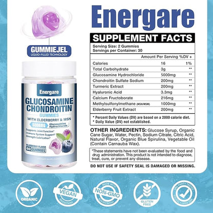 1 Pack Glucosamine Chondroitin with MSM Gummies & Elderberry, Extra Strength Joint Support Health, Flexibility, Antioxidant, Immune Supplement Gummy for Adults, Men & Women 60 Counts