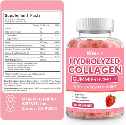 Sugar Free Collagen Gummies for Women, Collagen Protein Type I,II,III,V,X with Biotin Vitamin C D B12, Hydrolyzed Collagen Peptides Gummies for Immune Digestion Skin Hair Nails Energy Bone Joint