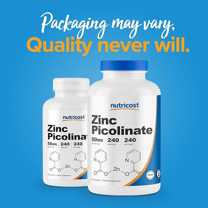 Nutricost Zinc Picolinate 50mg, 240 Vegetarian Capsules (3 Bottles) - Gluten Free and Non-GMO
