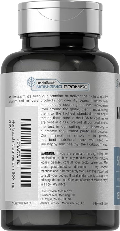 Horbäach Magnesium 500mg | 180 Caplets | Vegetarian, Non-GMO, and Gluten Free Supplement