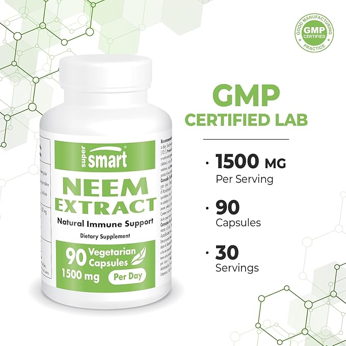 Supersmart - Neem Extract 1500mg per Day - Azadirachta Indica Leaf Oil Extract - Neem Supplement | Non-GMO & Gluten Free - 90 Vegetarian Capsules