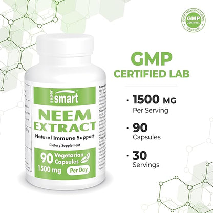 Supersmart - Neem Extract 1500mg per Day - Azadirachta Indica Leaf Oil Extract - Neem Supplement | Non-GMO & Gluten Free - 90 Vegetarian Capsules