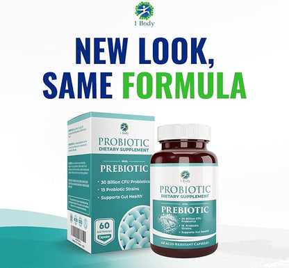 1 Body 30 Billion CFU Probiotic Supplement with Prebiotics – Patented Acid Resistant Capsules to Promote Gut Health, Support Immune System – Probiotics for Women and Men - 60 Vegetarian Capsules