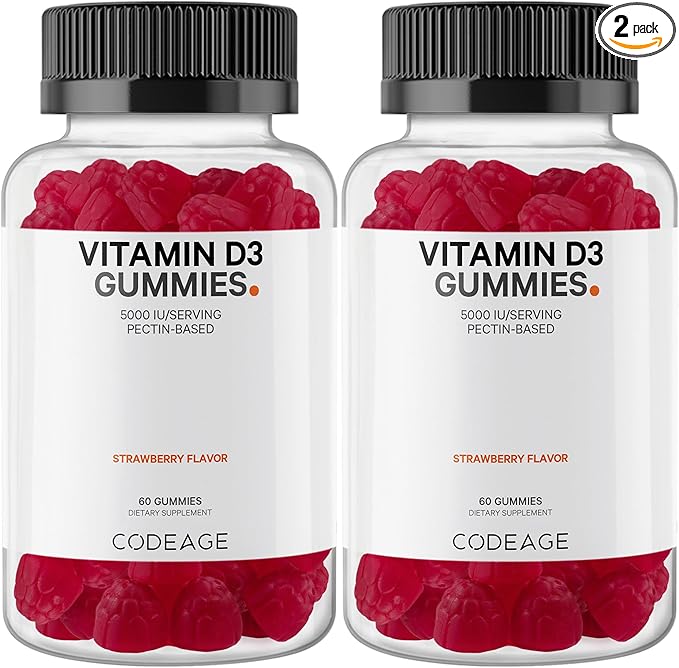 Codeage Vitamin D3 Gummy Vitamins, Vitamin D3 5000 IU Gummies Cholecalciferol 125 mcg, Soft Pectin-Based, Animal Gelatin-Free Gummy, Gummies Vitamins, Tasty Strawberry, Non-GMO - 2-Pack