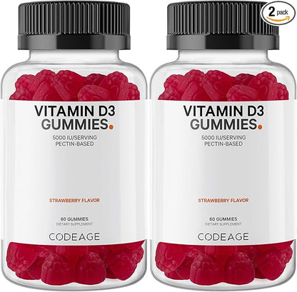 Codeage Vitamin D3 Gummy Vitamins, Vitamin D3 5000 IU Gummies Cholecalciferol 125 mcg, Soft Pectin-Based, Animal Gelatin-Free Gummy, Gummies Vitamins, Tasty Strawberry, Non-GMO - 2-Pack