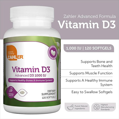 Zahler - Advanced Vitamin D3 1000 IU Softgels (120 Count) Kosher Vegetarian Friendly Vitamin D for Immune Support, Bone, Teeth & Muscle Health - Easy Swallow VIT D 3