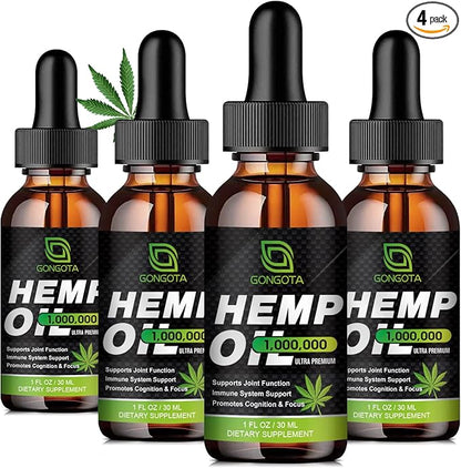 (4-Pack) High Potency Hemp Oil - 1,000,000 Maximum Strength - Helps Relaxation, Stress, Calming, Sleep - Organic Hemp Oil Extract - Vegan, Immunization Support, Non-GMO