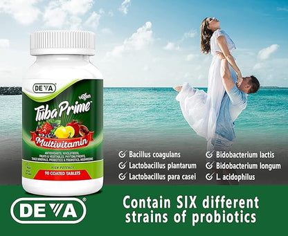 DEVA Tuba Prime Vegan Multivitamin High-Potency Vitamin and Mineral Dietary Supplement Antioxidants, Fruit and Vegetable Blend, Super Mushrooms, Probiotics, Prebiotics, Seeds, Herbs - 90 Tabs, 2-Pack