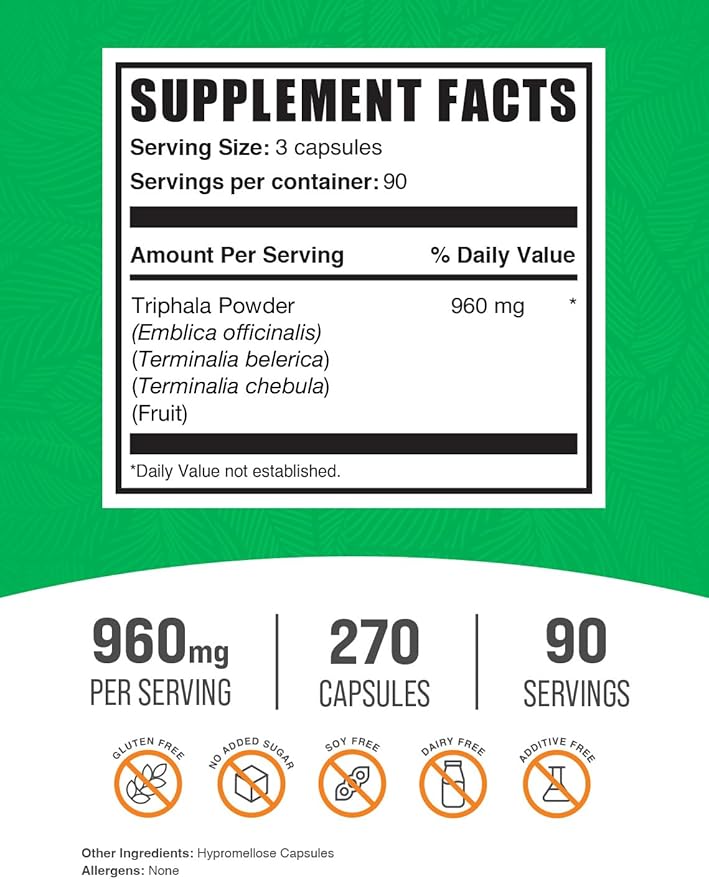 BulkSupplements.com Triphala Capsules - Triphala Supplements with Amla, Haritaki, and Bibhitaki - Gluten Free, 3 Capsules per Serving, 270 Count (Pack of 1)