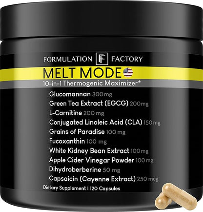 Melt Mode 10-in-1 Wellness Supplement with Green Tea Extract, L-Carnitine, CLA, Glucomannan & More (120 Capsules - 2 Month Supply)