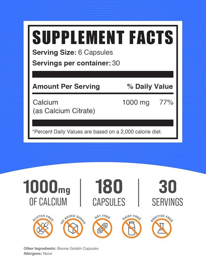 BulkSupplements.com Calcium Citrate Capsules - Calcium Citrate Supplement, with Calcium 1000mg per Serving - Soy Free, 6 Capsules per Serving, 180 Capsules (Pack of 1)
