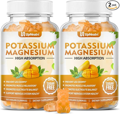 Potassium Magnesium Supplement for Adults Kids, Sugar-Free Potassium Gummies Supports Leg Cramps & Muscle & Immune Health, Non-GMO Vegan Magnesium Glycinate Gummies Mango Flavor 120 Count