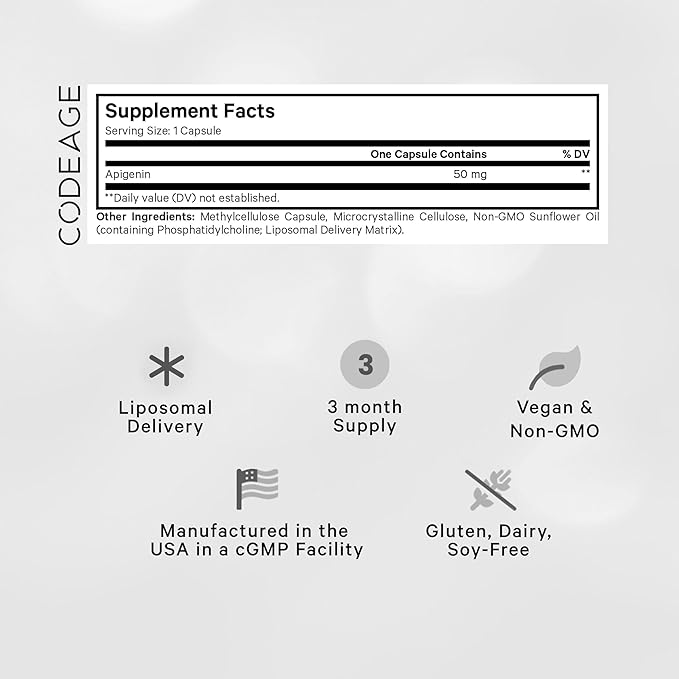 Codeage Liposomal Apigenin Supplement, 3-Month Supply, Daily Flavonoid Chamomile Extract, Liposomal Phospholipid Complex, Non-GMO Sunflower Oil, Phosphatidylcholine Vegan Blend, Gluten-Free, 90 Count