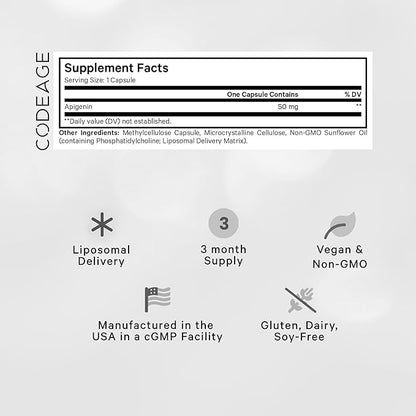 Codeage Liposomal Apigenin Supplement, 3-Month Supply, Daily Flavonoid Chamomile Extract, Liposomal Phospholipid Complex, Non-GMO Sunflower Oil, Phosphatidylcholine Vegan Blend, Gluten-Free, 90 Count