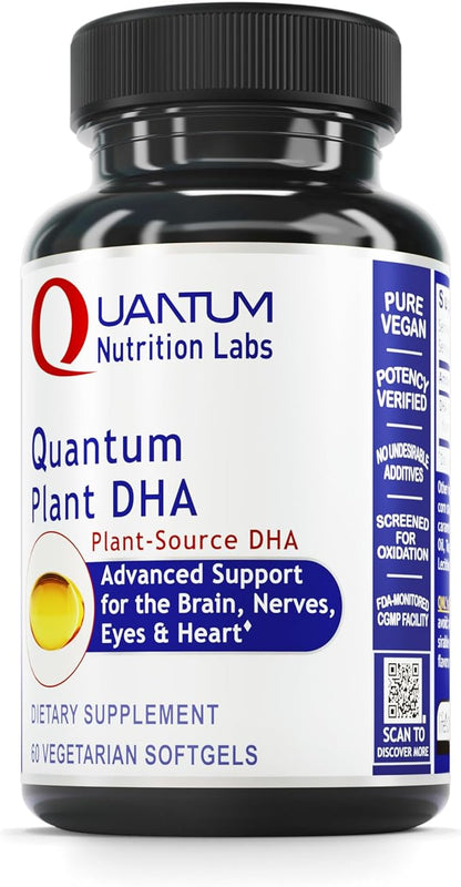 Quantum Nutrition Labs Plant DHA - Non-GMO Vegan DHA with Omega 3 Fatty Acids, Algae Based DHA for Women & Men, Natural DHA Supplement Suitable for Vegans- 60 Vegetarian Softgel Capsules