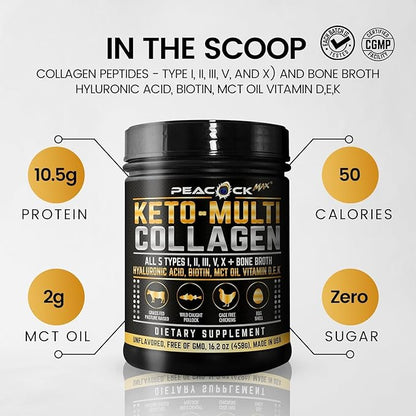 Keto Multi Collagen Peptides 16.2 oz - Bone Broth Protein Powder, 5 Types Hydrolyzed Collagen, MCT Oil, Biotin & Electrolytes for Joint, Skin, Hair & Gut Health, Unflavored Protein Powder