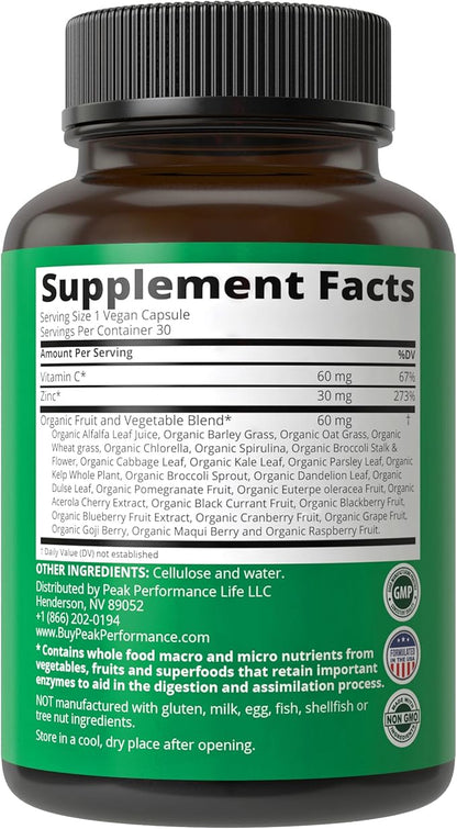 Vegan Zinc Supplement with Vitamin C + Whole Food Blend of 25 Vegetables and Fruits for Max Absorption. Zinc Supplements 30mg Capsules, Pills, Tablets, Vitamins for Adults Both Men and Women