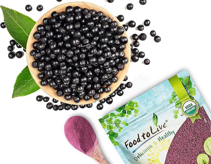 Food to Live Organic Black Elderberry Powder, 6 Ounces — Non-GMO, Made from Raw Dried Berries, Unsulfured, Vegan, Bulk, Great for Baking, Smoothies, Yogurts, No Sulphites