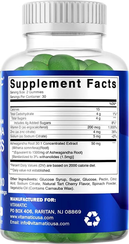 Vitamatic 2 Pack Ashwagandha Gummies 1500 mg Equivalent Per Serving (from 30:1 Extract 50 mg) - 60 Vegan Gummies - 3% Withanolides