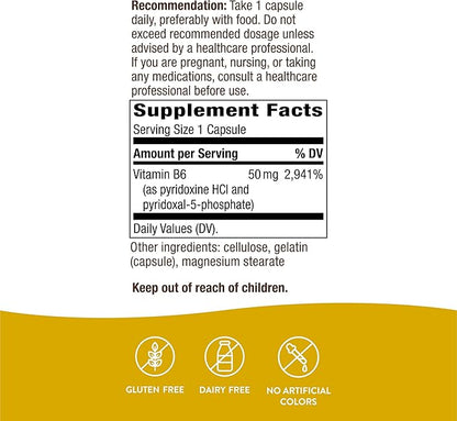 Nature's Way Vitamin B-6 Supplement, Cellular Energy Support*, 50mg per Serving, 100 Capsules (Pack of 2)