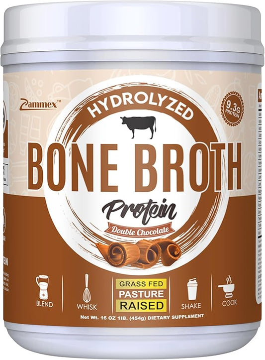 Zammex Bone Broth Protein Powder, Pure Grass Fed Beef, Chocolate Protein Powder,Hydrolyzed Collagen Supplement for Healthy Skin,Nails,Hair,Joints, Non-GMO,Gluten Free, Great in Shakes