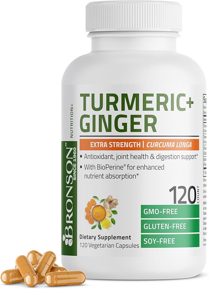 Bronson Turmeric + Ginger Extra Strength Joint Health & Digestion Support with BioPerine, Non-GMO, 120 Vegetarian Capsules