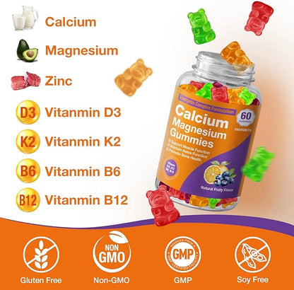 Calcium Citrate with Vitamin D3, K2, 1200mg Calcium Gummies with Magnesium Zinc, Extra Absorption Calcium Supplements for Women & Men Bone, Muscle & Immune Support, Fuit Flavor 120 Chewable Gummies