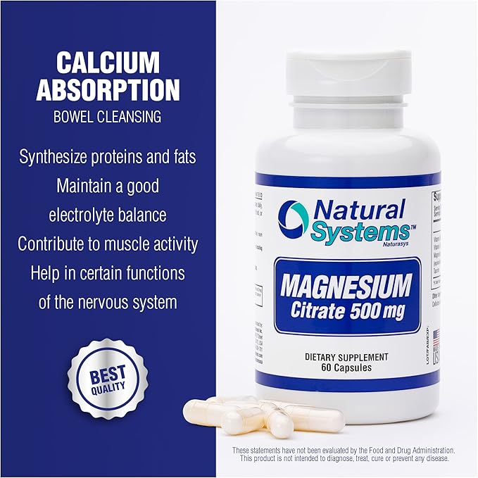 Magnesium Citrate 500mg 60 Capsules by Natural Systems - Magnesium Supplement Powder Muscle Calm - Magnesium Citrate Supplement for Constipation - Magnesium Citrate Powder Capsules for Natural Slim