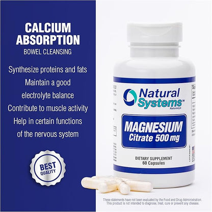 Magnesium Citrate 500mg 60 Capsules by Natural Systems - Magnesium Supplement Powder Muscle Calm - Magnesium Citrate Supplement for Constipation - Magnesium Citrate Powder Capsules for Natural Slim