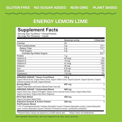 Amazing Grass Greens Blend Energy: Smoothie Mix, Super Greens Powder & Plant Based Caffeine with Matcha Green Tea & Beet Root Powder, Lemon Lime, 30 Servings (Packaging May Vary)
